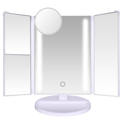 China 1x/2x/3x/10x Magnification LED Makeup Mirror 180°Adjustable Rotation Tri-fold Makeup Mirror for sale