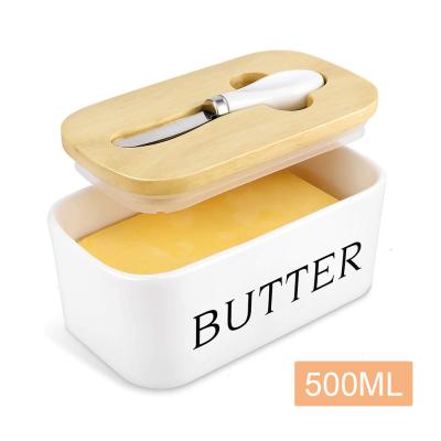 China Eco-friendly Farmhouse Kitchen Food Storage Container Butter Dish Enamel Butter Boat With White Wooden Lid for sale