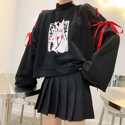 China Harajuku Anti-Shrink Japanese Women's Gothic Hoodie Girl Fox Cartoon Spring Ribbon Lace Up Slim Flare Sleeve Kawaii Pullover Sweatshirt for sale