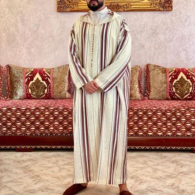 China Wholesale M-4XL Islamic Men's Abaya Long Robe Muslim Dress Long Sleeve Striped Shirt Suit National Vertical Fashion Simple Jacket for sale