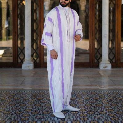 China Single Zipper Jack Robe Fashion Hooded Dress Islamic Men's Costume Wholesale M-4XL Muslim Long Dress Vertical Stripes Long Sleeve National Robe for sale