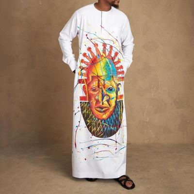 China M-4XL Wholesale M-4XL African Ethnic Men's Islamic Costume Style Long Shirt White Graffiti Long Robe Muslim Long Dress for sale