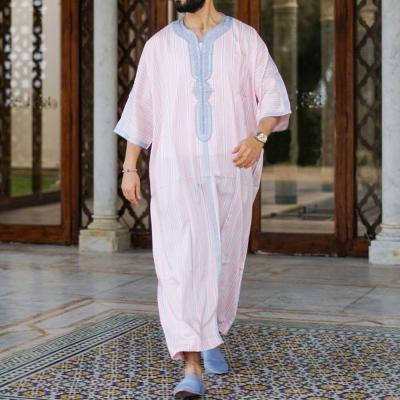 China Wholesale Pink Islamic Ethnic Muslim Youth Style Suit M-4XL Casual Loose Cotton And Linen Shirt Slim Long Dress for sale