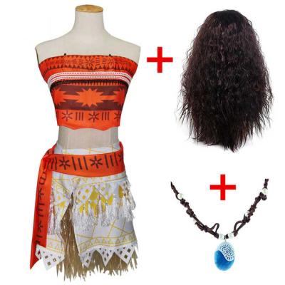 China Adult Princess Vaiana Moana Spandex Kids Costume Dress With Necklace Wig Women Girls Moana Halloween Party Dress Cosplay Costume for sale