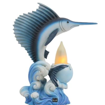 China Blue Europe Polyresin Sculpture Fish Statue With Led Light For Home Decor Ornaments for sale