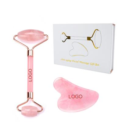 China 100% natural anti aging stone eye massage face beauty rose rose rose quartz jade roller gua sha set with box for sale