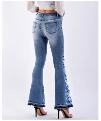 China Bell Bottom Breathable Jeans For Women Flared Jean Wide Leg Denim Pants Floral Embroidered for sale