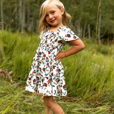 China Breathable Halter Neck Square Neck Ruffle Short Edge Floral Print Boho Girl's Short Dress for sale