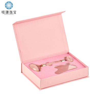 China High quality face natural jade roller set gua sha pink rose mounted quartz jade stone roller with box for face and body for sale