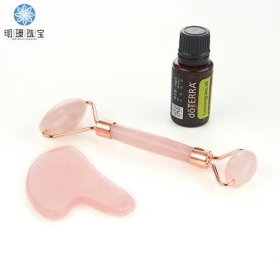 China Face Rose Quartz Face Roller Gua Sha Sha Beauty Massager Mounted Jade Roller Set For Face With Box for sale