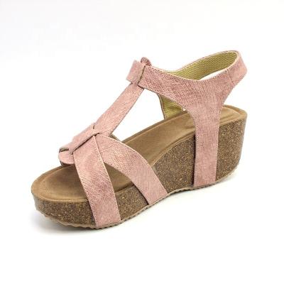 China Fashion Trend High Quality Cross Straps Latest Women Cork Sandals TPR High Heel Wedges Summer Custom Unique Wooden Bottom for sale