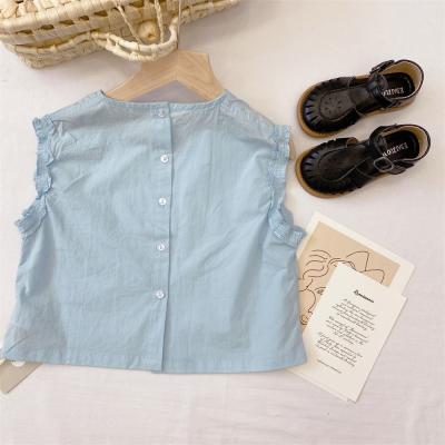 China Anti-Shrinkage Children's Two-Piece Summer Set Clothes Girls Sleeveless Half Skirt Set Blue Cotton Shirt for sale