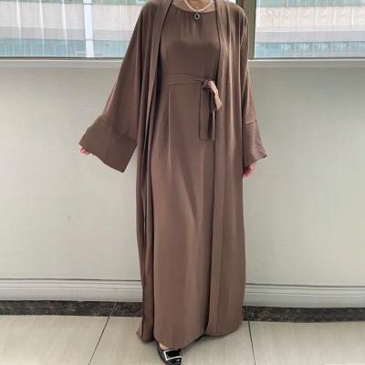 China Belt Eid Abaya Dubai Wholesale Two Pieces Set Women's Elegant Solid Color Dress with Belt Eid Abaya Dubai Turkey Kaftan Islamic Clothing Muslim Dress for sale