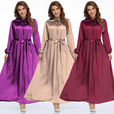 China Women Maxi Dress Silk Gown Muslim Abaya Elegant Women's Maxi Dress Silk Satin Solid Color Long Sleeves Simple Women Dress Middle East Clothing Arabic Gown for sale