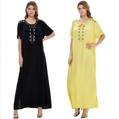 China One-piece Summer Dubai Middle East Arabia India Kaftan Girl Short Sleeve Dresses Casual Abaya Hollow Out Loose Long Dress For Muslim Women for sale