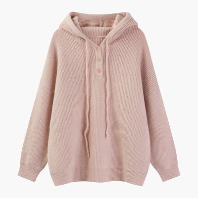 China Breathable Women Loose Fall Winter Hoodies Sweater Casual V Neck Button Batwing Long Sleeve Drawstring Knitted Pullover Sweater Sweatshirt for sale