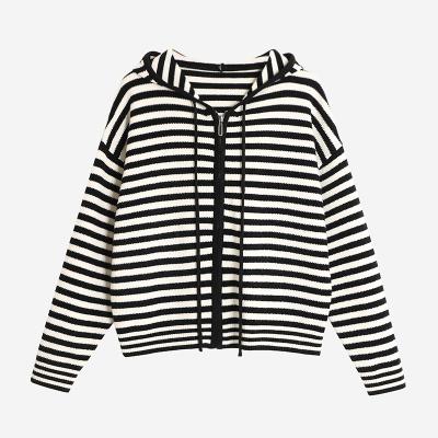 China Breathable Color Striped Hoodies Zipper Knitted Long Sleeve Drawstring Loose Skinny Sweaters Fall Pullover Sweatshirts for Women for sale