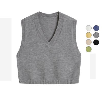 China Anti-wrinkle Women's Knit Sweater Vest Solid Color Crop Sweater Vests V Neck Sleeveless JK School Uniform Pullover Knitwear Tank Tops for sale