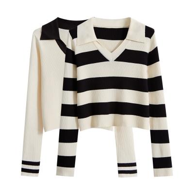 China Anti-wrinkle Women's Casual Striped Long Sleeve Polo V Neck Pullover Sweater Loose Fit Drop Shoulder Knitted Shirts Tops for sale