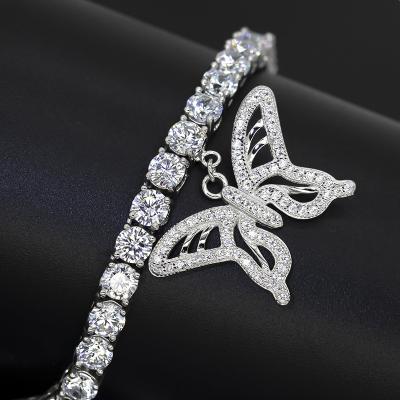 China Hiphop 925 sterling silver 18k gold DEF custom moissanite iced out butterfly 3MM tennis pendant necklace for sale