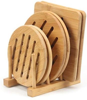 China Durable Solid Bamboo Tripods and Bamboo Hot Dish Drying Dish Rack Kitchen Protector Drainer Plates Rack Slip Tripod Mat For Hot Dish for sale