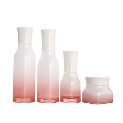 China 120ml100ml40ml100g50g Pink And White Cosmetic Packaging Set Glass Facial Cream Jar Tube Travel Bottle Cream Set for sale