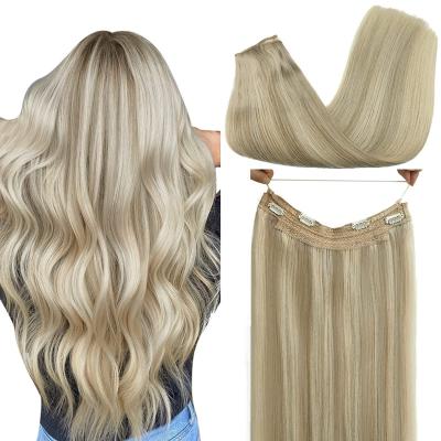 China Double Drawn 100% Good Quality Hot Selling Straight Human Remy Invisible Wire Clip In Hair Extension Silky Straight Halo Hair Extensions for sale