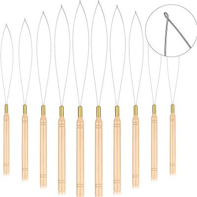 China 10 Pieces Easy Loop Needle Hair Extension Wooden Threader Hair Extensions Loop Needle Pulling Hook Tool Bead Device For Keratin Hair for sale