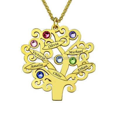 China Stainless Steel Family Tree Necklace Gold Color Mother's Necklace With Birthstone Grandmas Gift Family Name Jewelry For Mom for sale