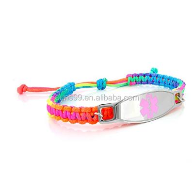 China Stainless Steel Kids Rainbow Macrame Hospital ID Bracelet with 316l Stainless Steel Surgical Pink Enamel Logo Tag for sale