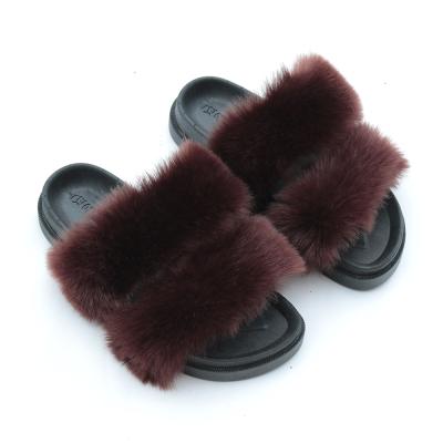 China 2020 Fashion Trend Fox Fur Slippers Warm Faux Fur Slide Sandals Custom Women Fashion Two Strap Fur Slides for sale