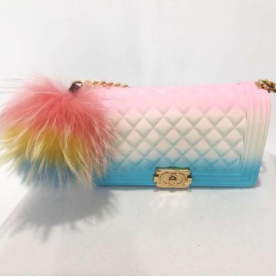 China High Quality Gradient Color Small Square Women's Messenger Bag Check Jelly Bag With Colorful Hair Ball for sale