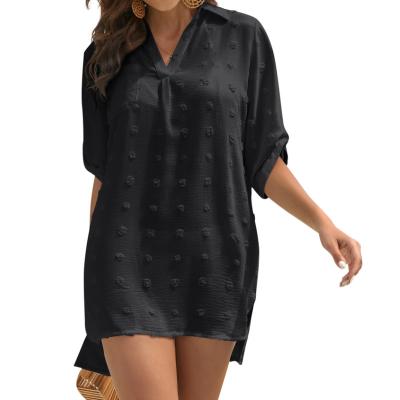 China 2022 Women's New Breathable Summer Fashion Solid Color Shorts Sheath Loose V-neck Chiffon Jacquard Shirt Tops Beach Casual Mid Length Blouse for sale