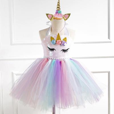 China Breathable Girls Unicorn Headdress Multicolor Tutu Skirt Mesh Dance Birthday Party Lace Up Dress Headdress Short Skirt Costume 2 Piece Set for sale