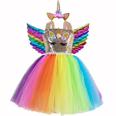 China 2022 New Colorful Rainbow Sequin Casual Girls Dress Mesh Princess Dress Cartoon Unicorn Tutu Skirt Wings Headdress 3 Piece Set for sale