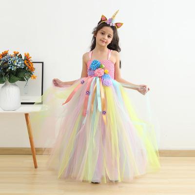 China Breathable Children's Clothing Long Sling Dress Birthday Party Dance Show Girls Color Mesh Princess Pink Flower Skirt Headwear 2-Piece Set for sale