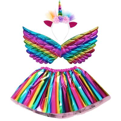 China Girls Prom Party Performance Costume Skirt Kids Breathable Mesh Skirt Lining Tutu Wings Unicorn Headgear 3-Piece Set for sale