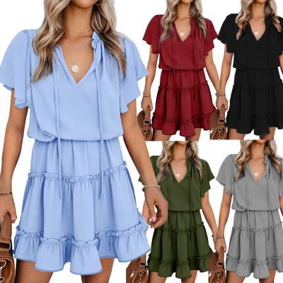 China 2022 Women Clothing Breathable V-Neck Lace Up Casual Dresses Solid Color Fashion Dress Summer Ruffle Short Sleeve Loose Shorts for sale