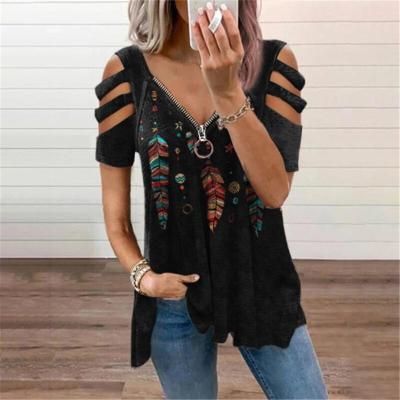 China 2022 Women Clothing Summer Fashion V-Neck Zipper Sweater Print Breathable Shorts Sheath Casual Loose T-shirt Tops for sale