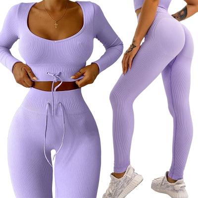 China Breathable Seamless Two-Piece Top Fitness Equipment Yoga Sport Suit Set Women Crop Long Sleeve Shorts Pants Sportsuit Workout Gym Wear for sale