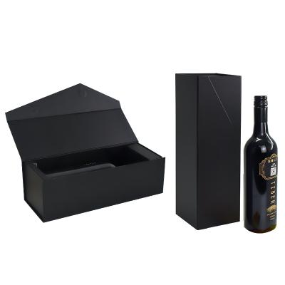 China Recyclable Custom Luxury Cardboard Magnetic Bottle Black Folding Packaging Whiskey Champagne Wine Gift Box for sale