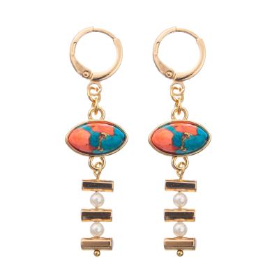 China Chain Buckle Enamel Hoop Earrings Set With Gold Plated Oval Turquoise 2 Pearls à venda