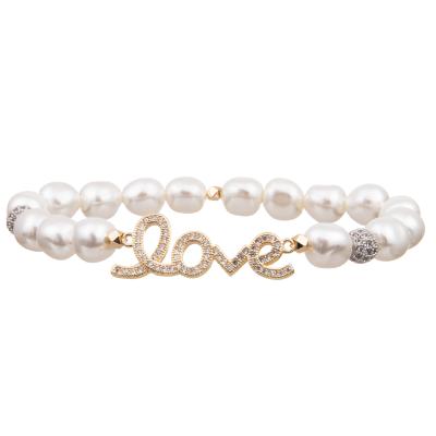 China 2023 ideal wedding gift Glass White Pearl And Brass Zircon LOVE Stretchy  Handmade Beads Bracelets Te koop