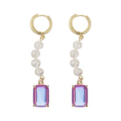 Cina Stainless Steel Pearl Pendant Crystal Stone Hoop Earrings Rectangular Gold Plated in vendita