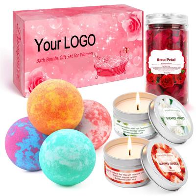 China Handmade Organic Rose Flower Petal Bath Bomb And Candle Set For Women Girls Birthday Valentines for sale