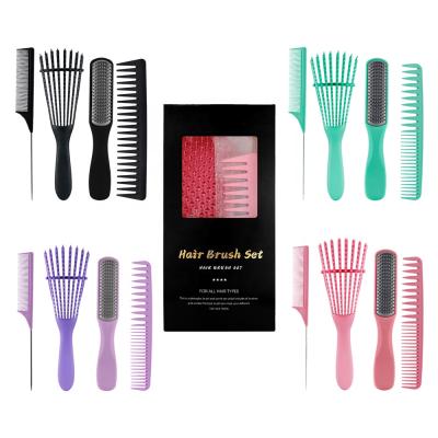 China Wholesale Custom LOGO Waterproof 4 Pieces Detangling Hair Brush Comb Set Multiple Colors Collocation Hair Brush And Comb Set With Box for sale