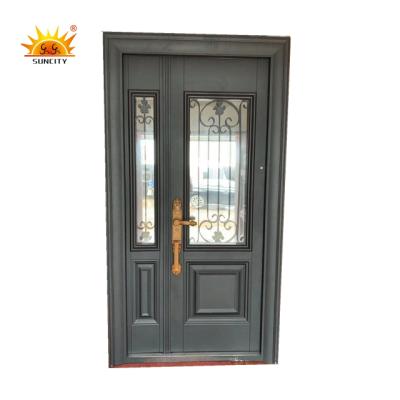 China Modern exterior wrought iron security steel doors with tempered glass for sale for sale