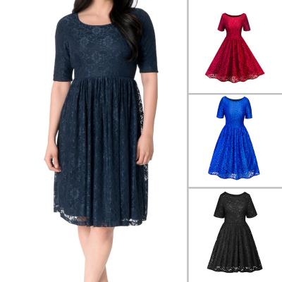 China Anti-Wrinkle Spring Round Neck Short Sleeve Flower Pattern Commuter Skirt Office Lady Elegant Casual Dress And Summer Lace Dress for sale