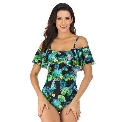 China European and American wholesale plus size floral print summer lady one-piece swimsuit, various ways to use the shoulder ruffled beachwear for sale