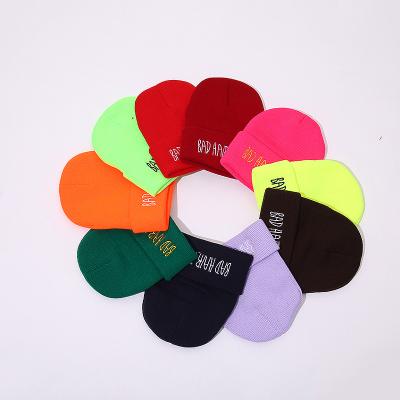 China Custom Embroidery Joint Bad Hair Day Unisex Logo Multi Color Design Knit Winter Knitted Beanie Hats for sale